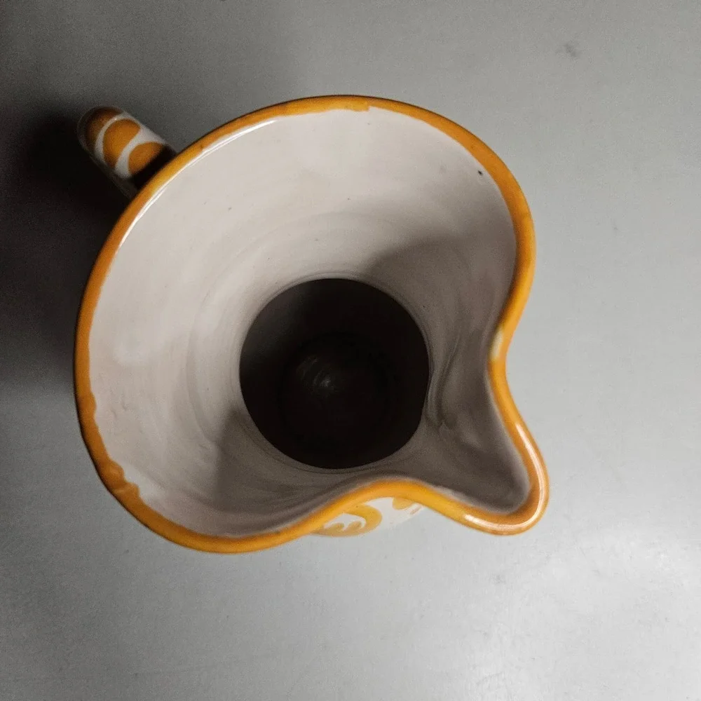 Vintage Italian Majolica Ceramic Pitcher Hand Painted Ochre Bird Floral Italy